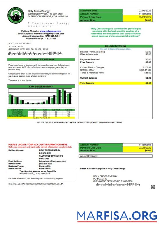 Realistic USA Colorado Holy Cross Energy utility bill template in Word and PDF format